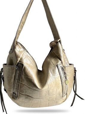 Cream Croc Embossed Large Hobo shoulder Bag Floral lining side pockets